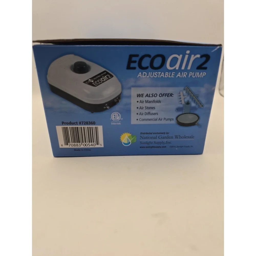 ECOPLUS ECO AIR 2 ADJUSTABLE AQUARIUM PUMP 2 OUTLET 126.8 GPH 3 WATT HYDROPONIC
